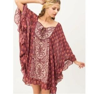 Free People Marla Dreams Bohemian Paisley Print dress Wine Boho Festival Small